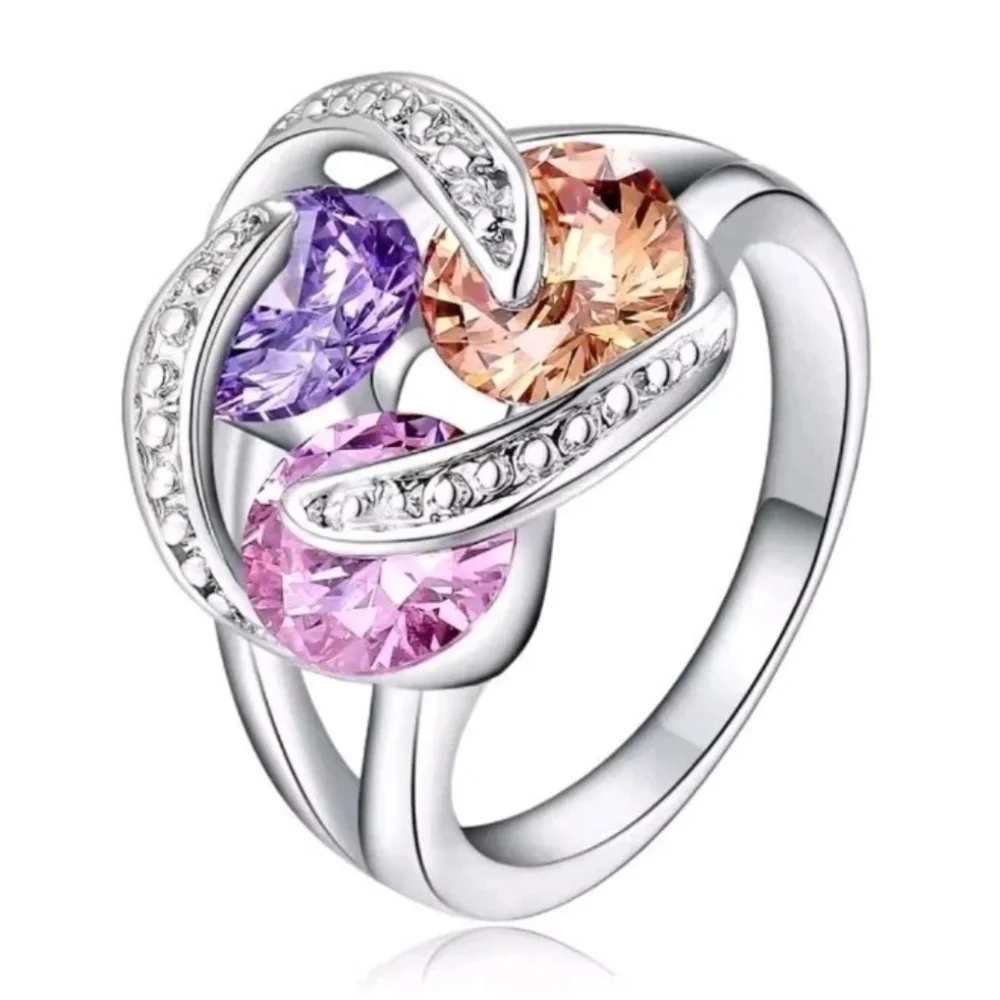 Sparkling Zirconia With Pink,yellow, and Purple Rotating Gemstone Design Sz 8